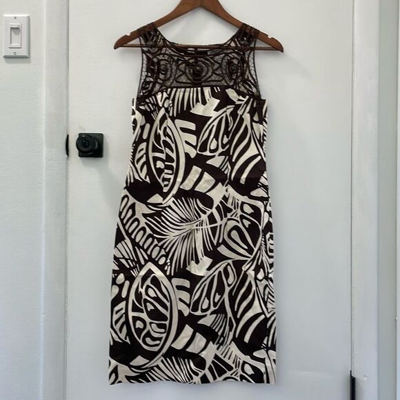 Danny & Nicole Womens Sleeveless Brown Cream Leaf Pattern Dress 4P - Picture 1 of 7